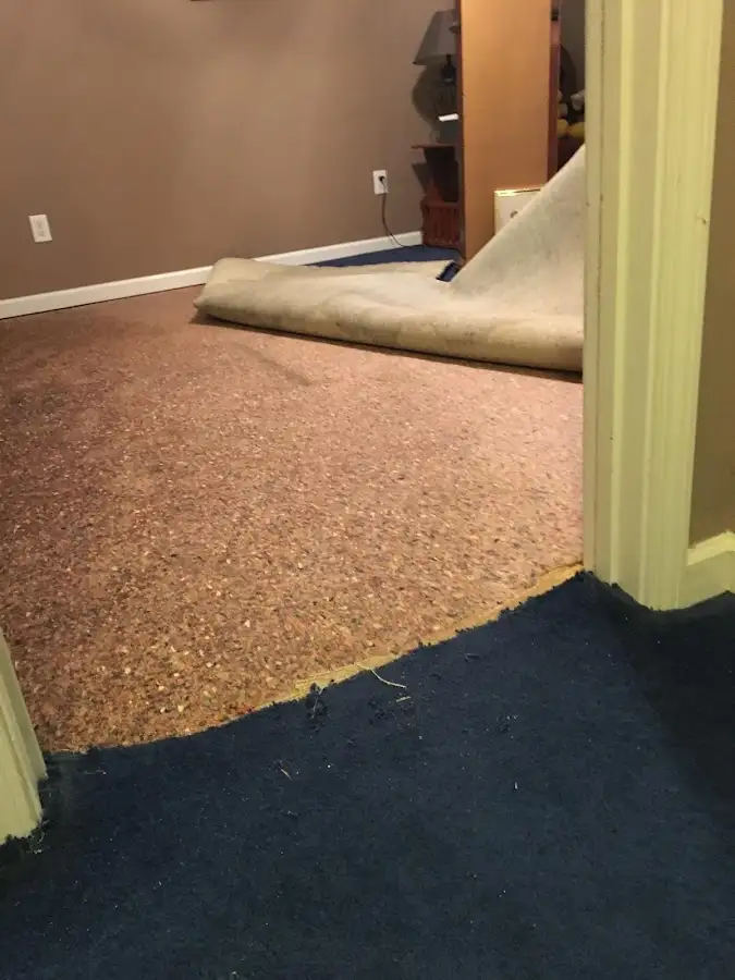 Carpet pad removal revealing water damage during Water Mitigation Services in Waxahachie